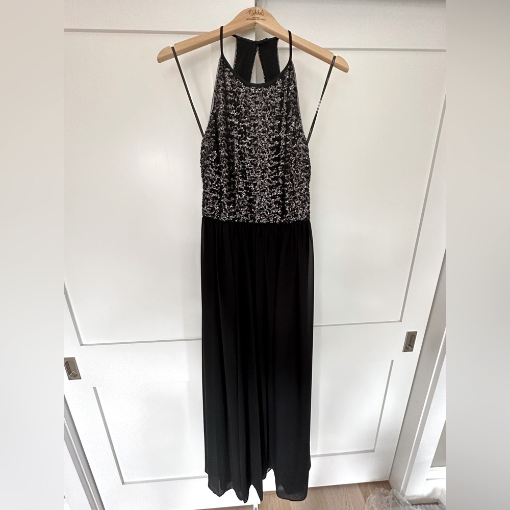 Black, sequined, open back, floor length Vera Wang dress (black tie or formal)